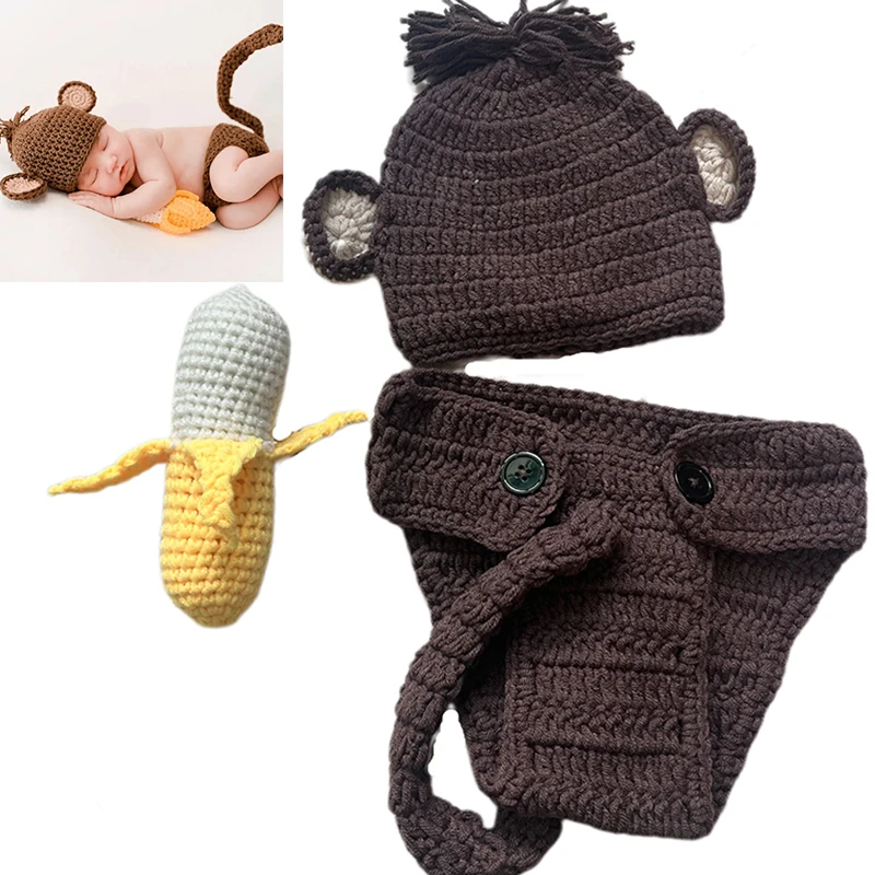 3pcs/sets Halloween Photography Clothing Hand-woven Knitted Monkey Hat Diaper Cover Pants and BananaNewborn Photoshoot Outfits