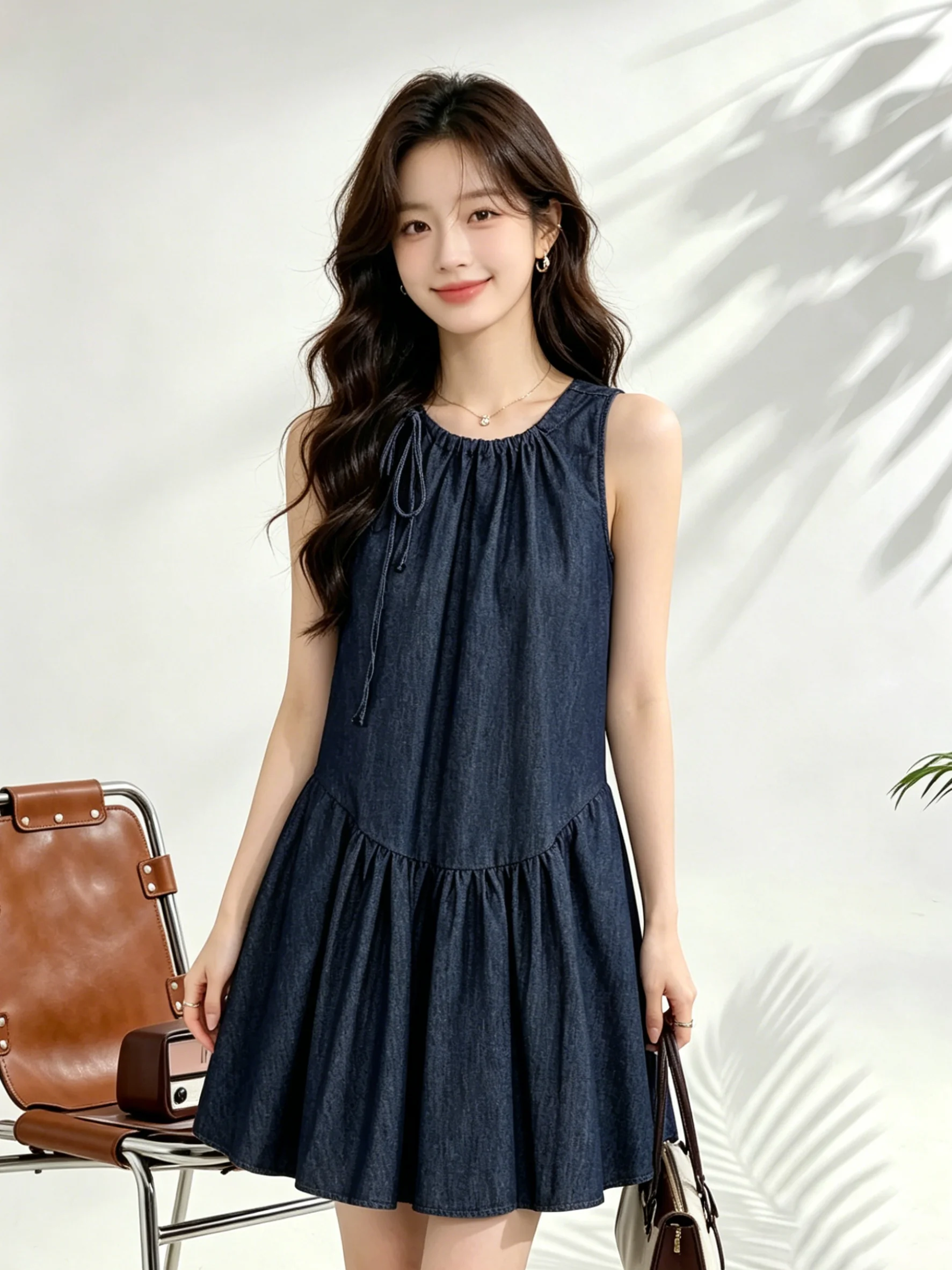 

Korean Style Sleeveless Vest Dress Women Summer Drawstring A-Line Skirt Breathable Comfortable Casual Loose Fit Jeans
