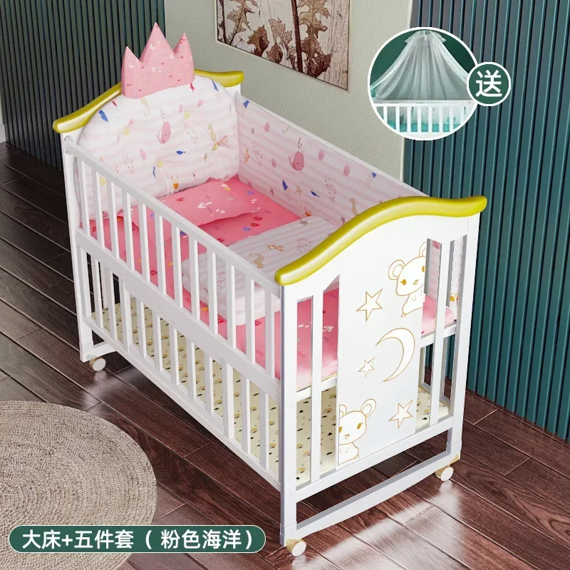 Baby Crib Solid Wood European Style White Multifunctional Baby Bb Movable Newborn Baby Cradle Bed Splicing Large Bed