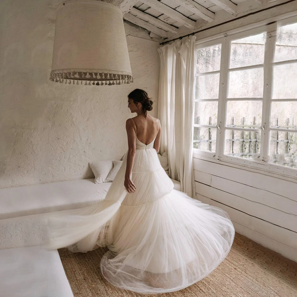 Vestidos De Novia elegantes De tul con Espalda descubierta, cuello en V, línea A, Simple, bohemio, longitud hasta el suelo, 2024