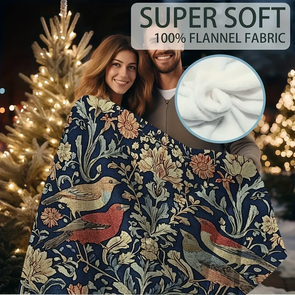 Vintage Navy Blue Floral Bird William Morris Style Print Flannel Blanket Soft Throw For Sofa Bedroom Daily Home Warm Gift