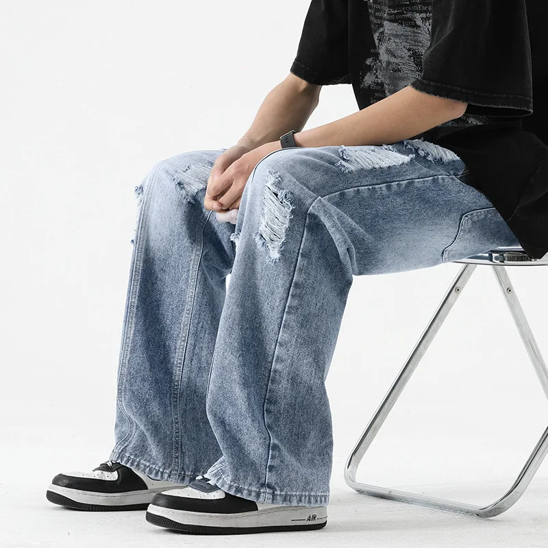 Ripped Jeans 2026 Summer Lace-up Straight Washed Trousers Men's Summer Thin