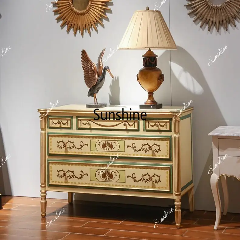 French Solid Wood Vintage Five-Drawer Cabinet, Small Apartment Storage Cabinet, Entryway Cabinet