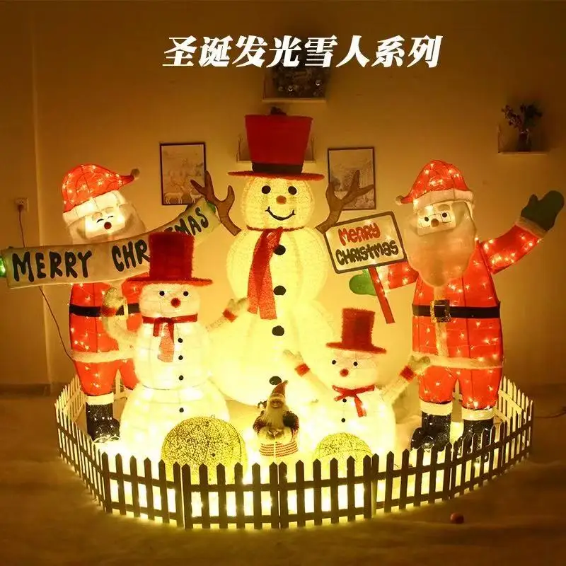 Large Luminous Wrought Iron Santa Snowman Red Hat Christmas Decor Commercial Display For Mall Hotel Window Scene Layout