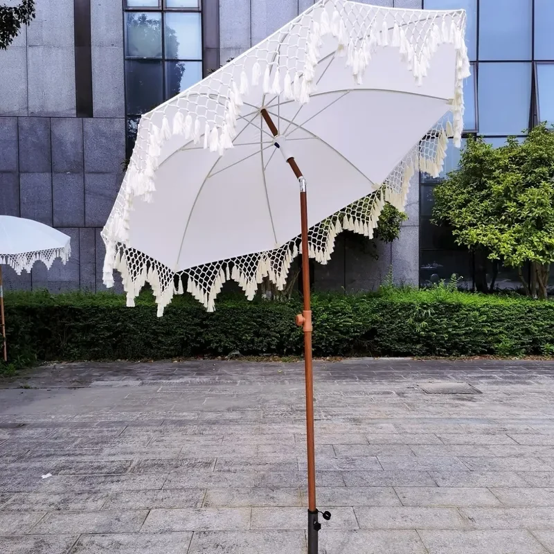 White Fringed Beach Umbrella Outdoor Garden Parasol for Patio Cafe Courtyard Sun Shade with Rope Decoration Casual Style