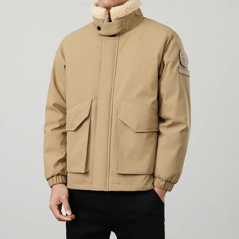 

Новая зимняя уличная модная мужская куртка, стильная куртка с утолщенным меховым воротником, куртка на хлопковой подкладке, короткий и однотонный пуховик