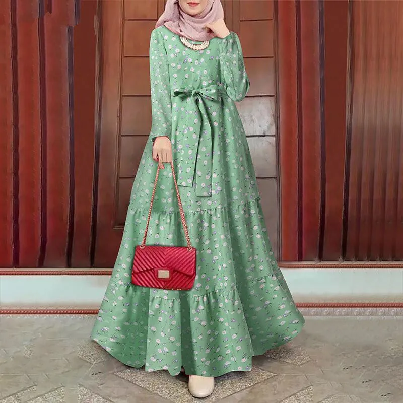 Ramadan Muslim Dubai Abaya for Women Flower Print Dresses Arab Long Robe Sashes Morocco Abayas Islam Vestidos Jalabiya Kaftan