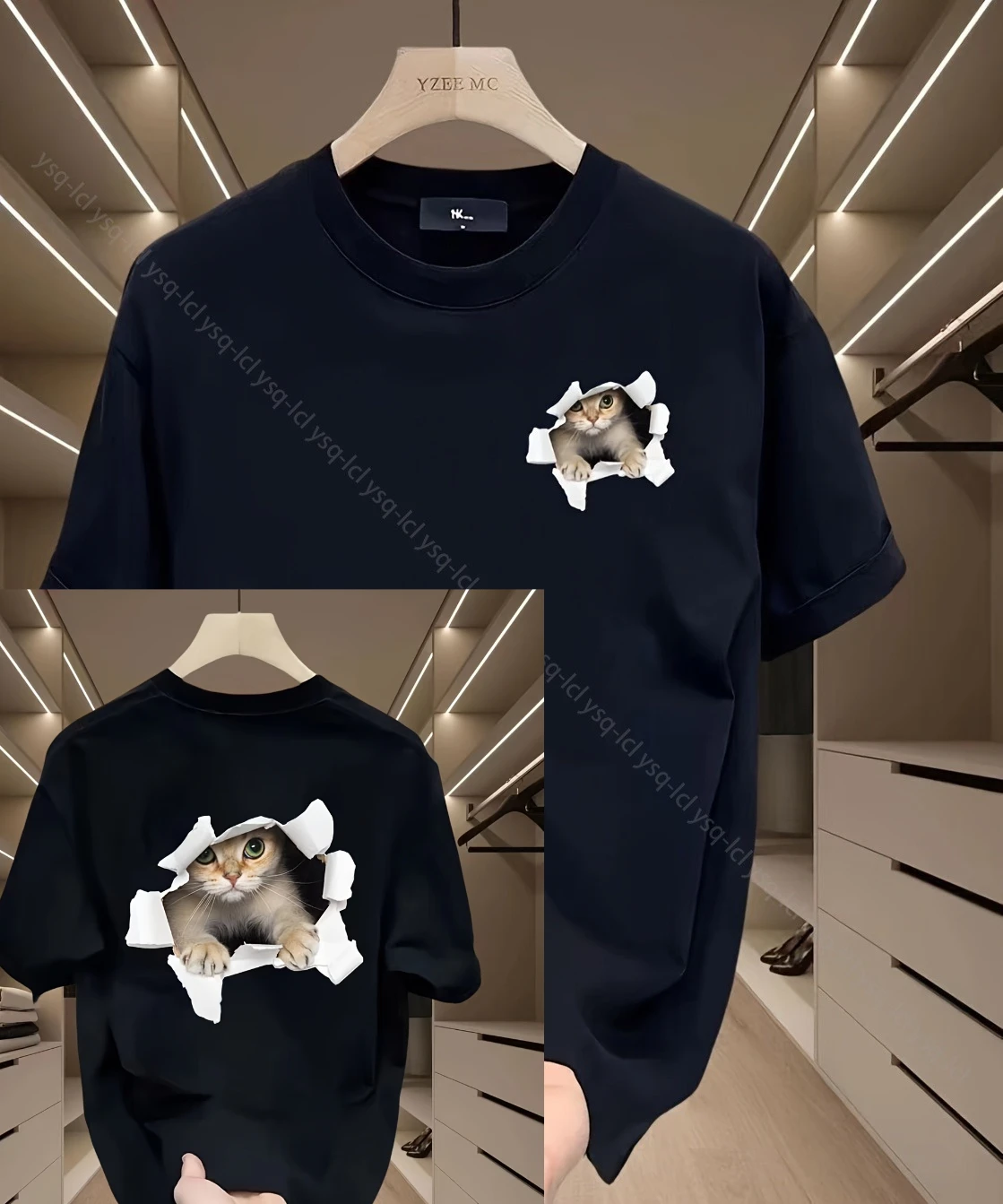 

Мужская футболка из чистого хлопка с озорным котом, выглядывающая через бумагу — повседневная летняя пляжная футболка с короткими рукавами для серфинга