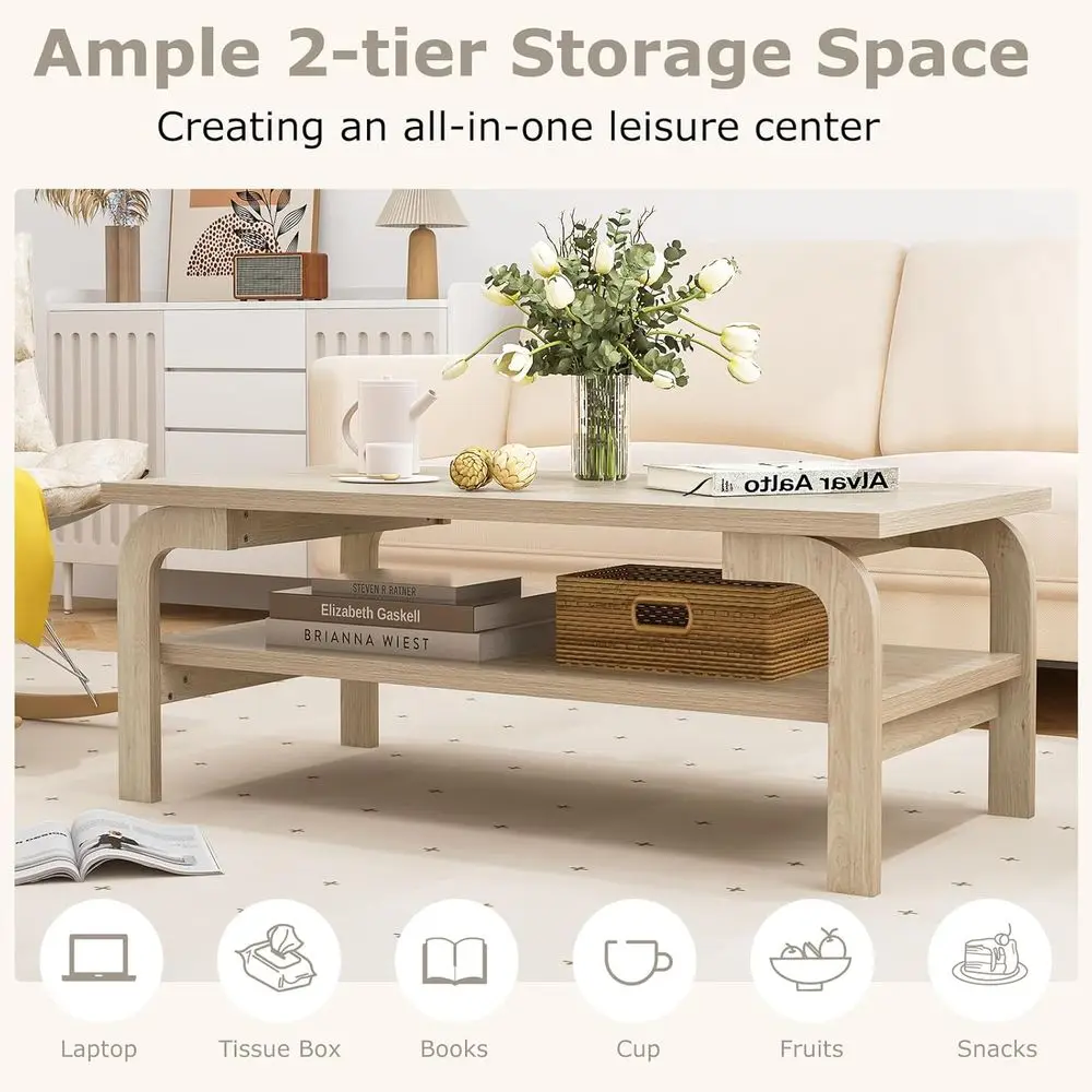 Mid-Century 47 Rustic Coffee Table with Storage Shelf and Curved Legs for Living Room