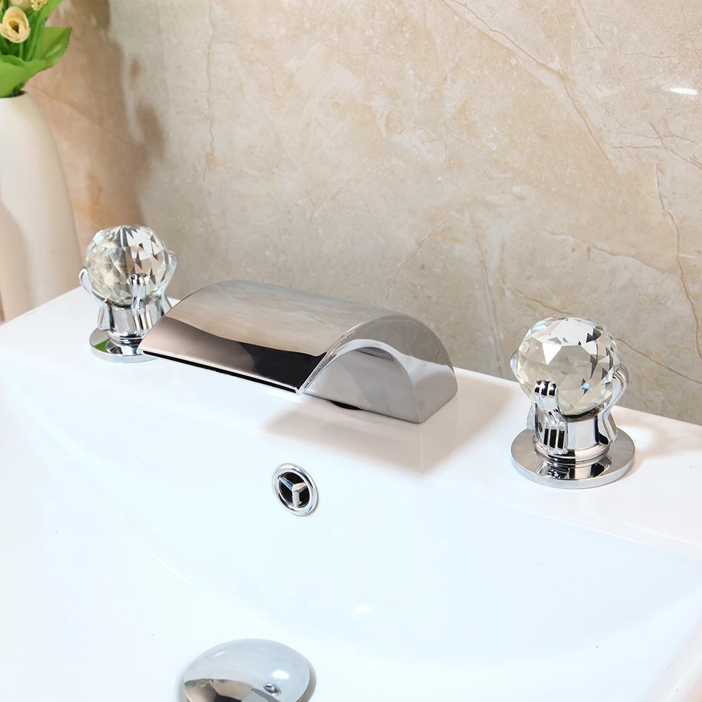 Monite Solid Brass Bathtub Faucet Waterfall Spout Deck Mounted Diamond Handles Chrome Polish Bathroom Bathtub Mixer Faucet
