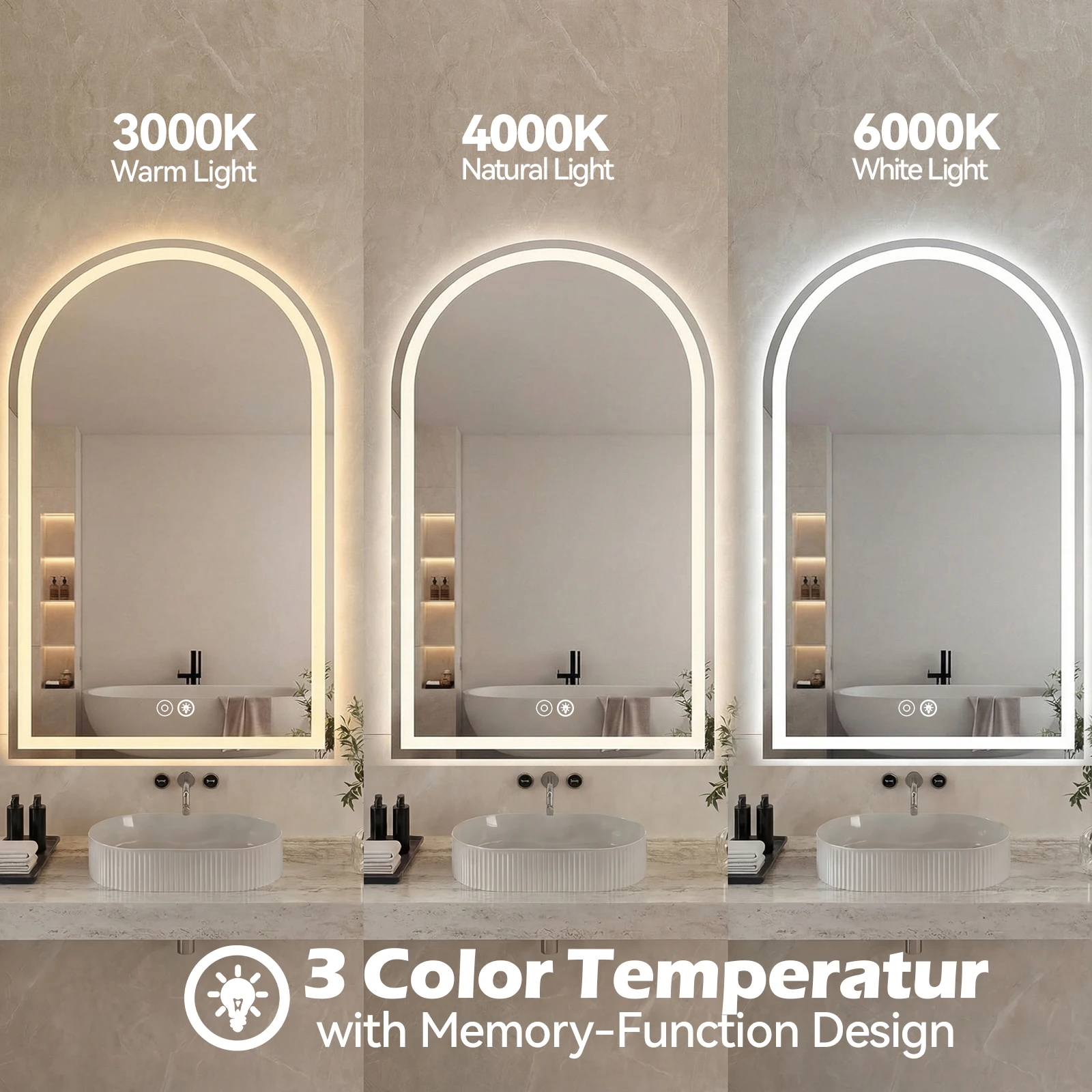 JHK Arched LED Bathroom Vanity Mirror for Wall Backlit Mirror with 3-Color Lights Memory Function Tempered Glass For Living Room image 4