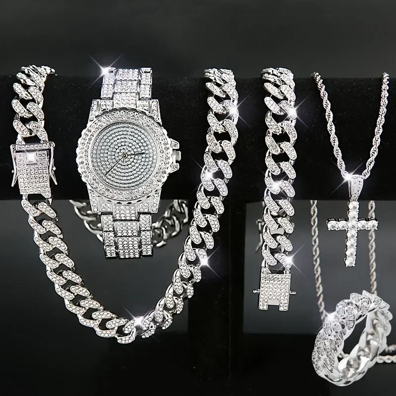 5PCS Hot-Selling Men's Watch Sets for Foreign Trade: Hip-Hop Men's Cuban Necklace Bracelet Ring Cross Set