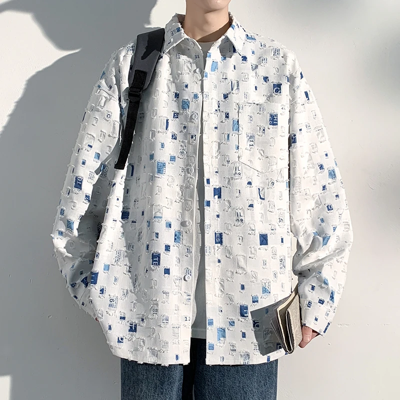 

Spring Summer Plaid Short Sleeve Shirts Mens Letter Embroidery Pocket Lapel Long Sleeve Checked Shirt Coat
