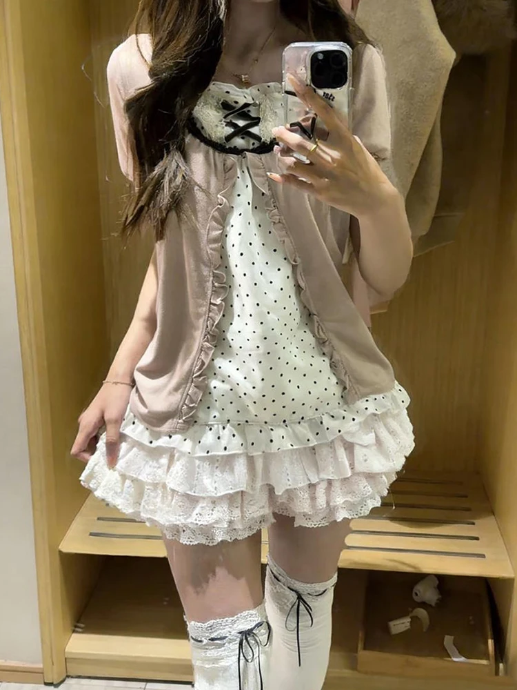 

Summer Vintage Polka Dot Lace Short Skirt Set Women's Fashion Short Sleeve Splice Baking Cake Style Sweet Style Workwear