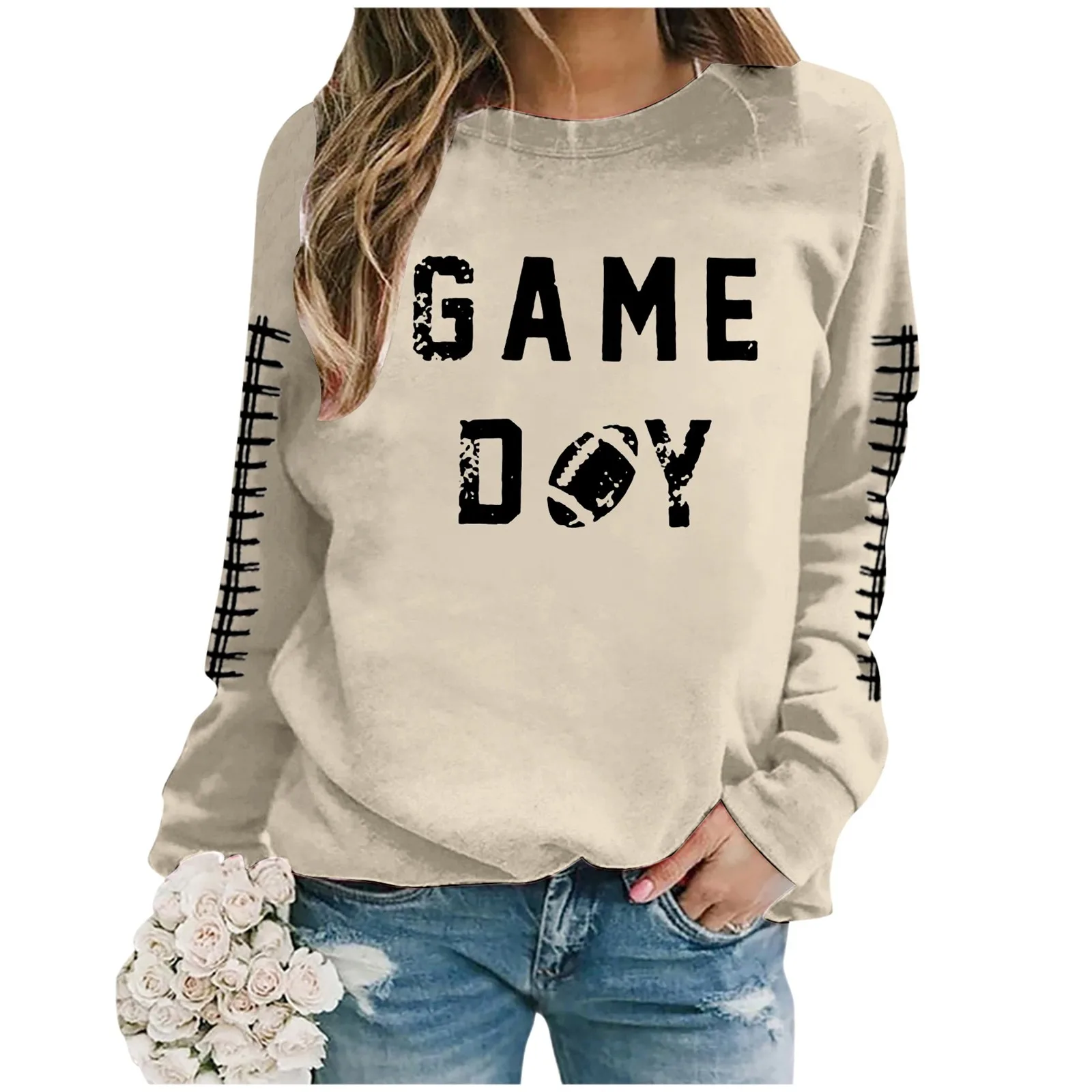 

Women Sweatshirt Casual Crew Neck Sweatshirts Long Sleeve Rugby Football Graphic Print Pullover Oversized Tops Blouse Streetwear