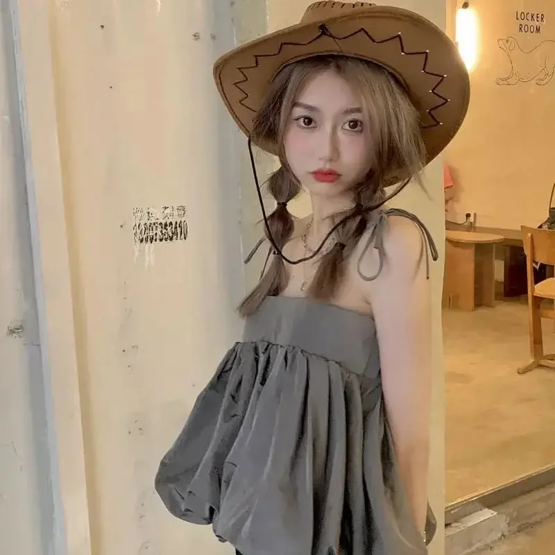 Summer New Pleated Lacing Bubble Camisole Solid Color Off Shoulder Loose All-match Youth Short Top Fashion Trend Women Clothing