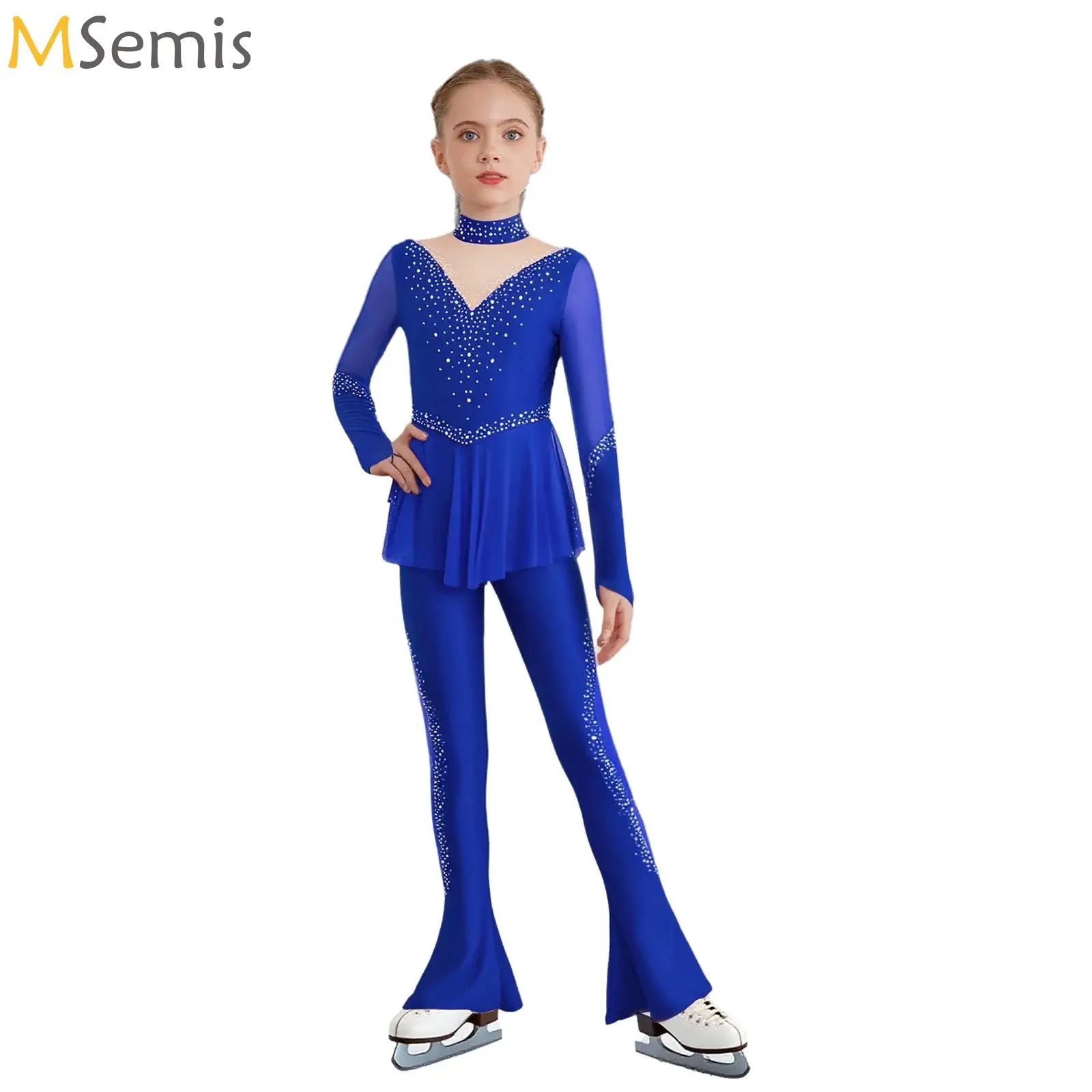 

Kids Girl Figure Skating Performance Peplum Jumpsuit Long Sleeve Sheer Mesh Rhinestones Bodysuit Gymnastics Ballet Dance Leotard
