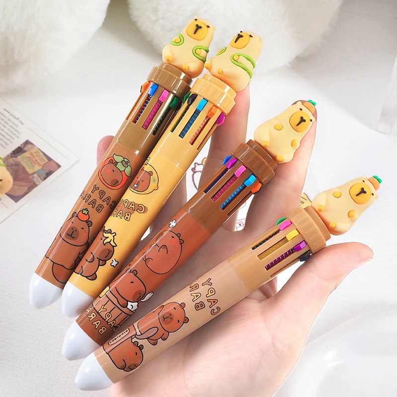 36Pcs Wholesale Creative Kapibara Ten-Color Ballpoint Pen Student Novelty Multi-Color Stationery Gift Cute Push Pen