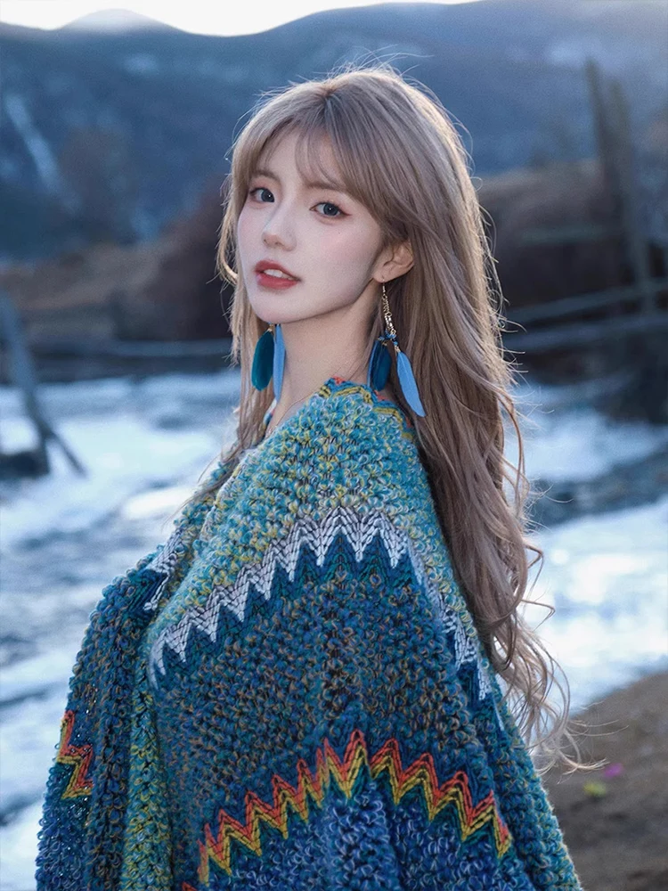 

Вязаная шило в этническом стиле в стиле ретро, женская дорожная одежда, шарф, накидка, верхняя одежда, теплая весна-осень-зима, длинный прямоугольный апей