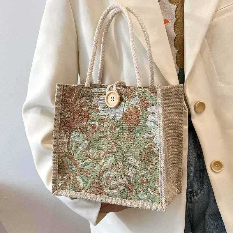 Nova bolsa de linho feminina flor impressão presente embalagem bolsa almoço grande capacidade tote reutilizável eco-friendly saco de compras