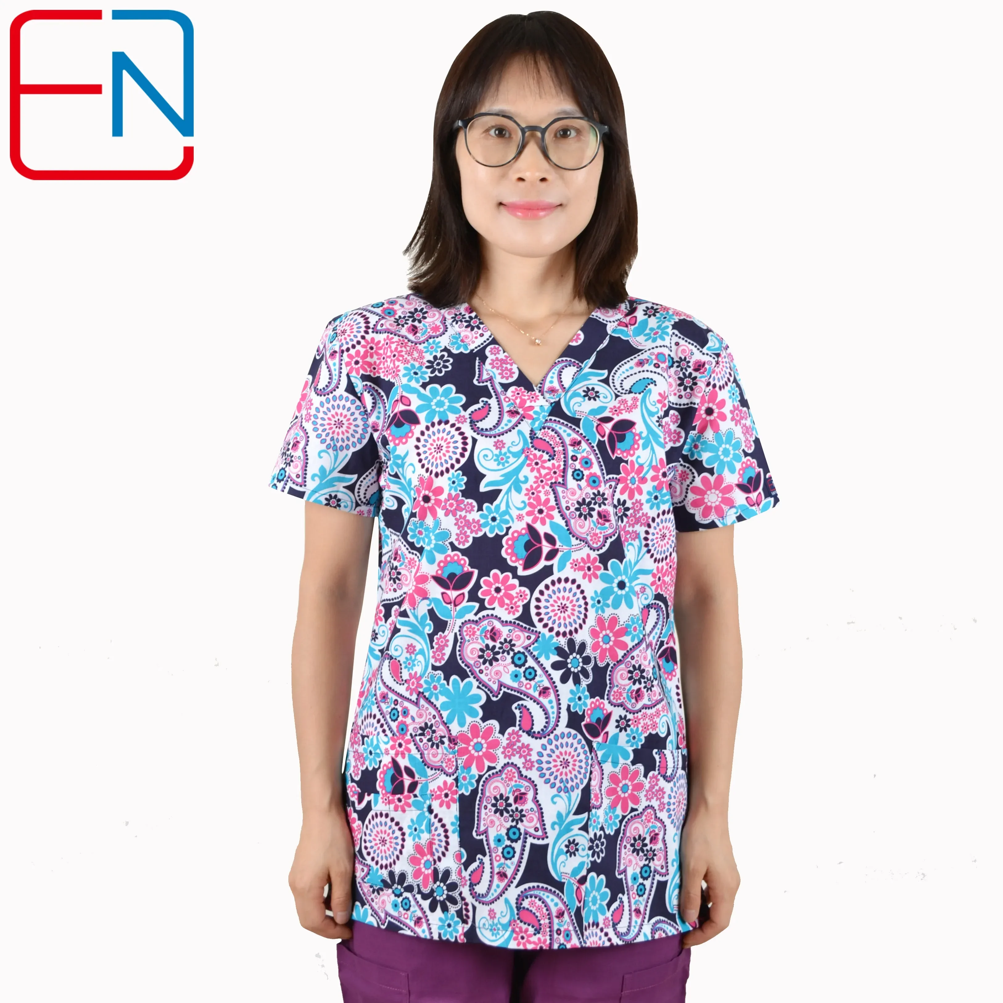 Hennar Print Scrub UniformFor Women In 100% Cotton 4 pockets,XXS-5XL Medical Scrub Tops