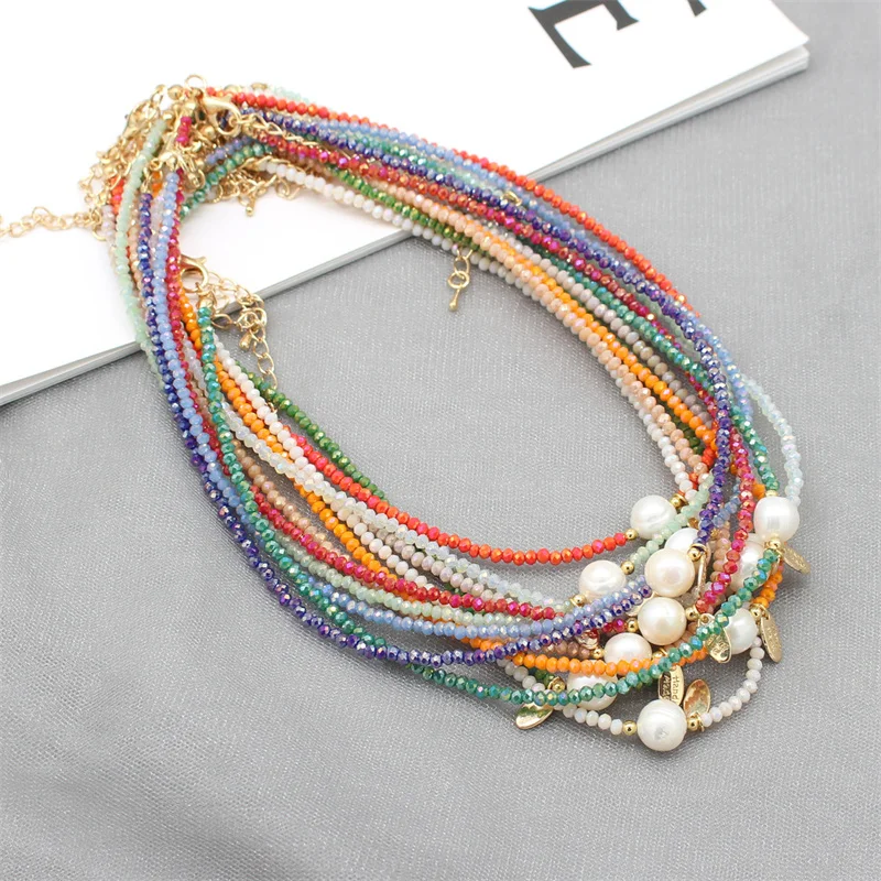 Natural Fresh Water Baroque Pearl Necklace Fashion Shiny Crystal Glass Beads Boho Colorful Choker Pendant Collar Female Jewelry