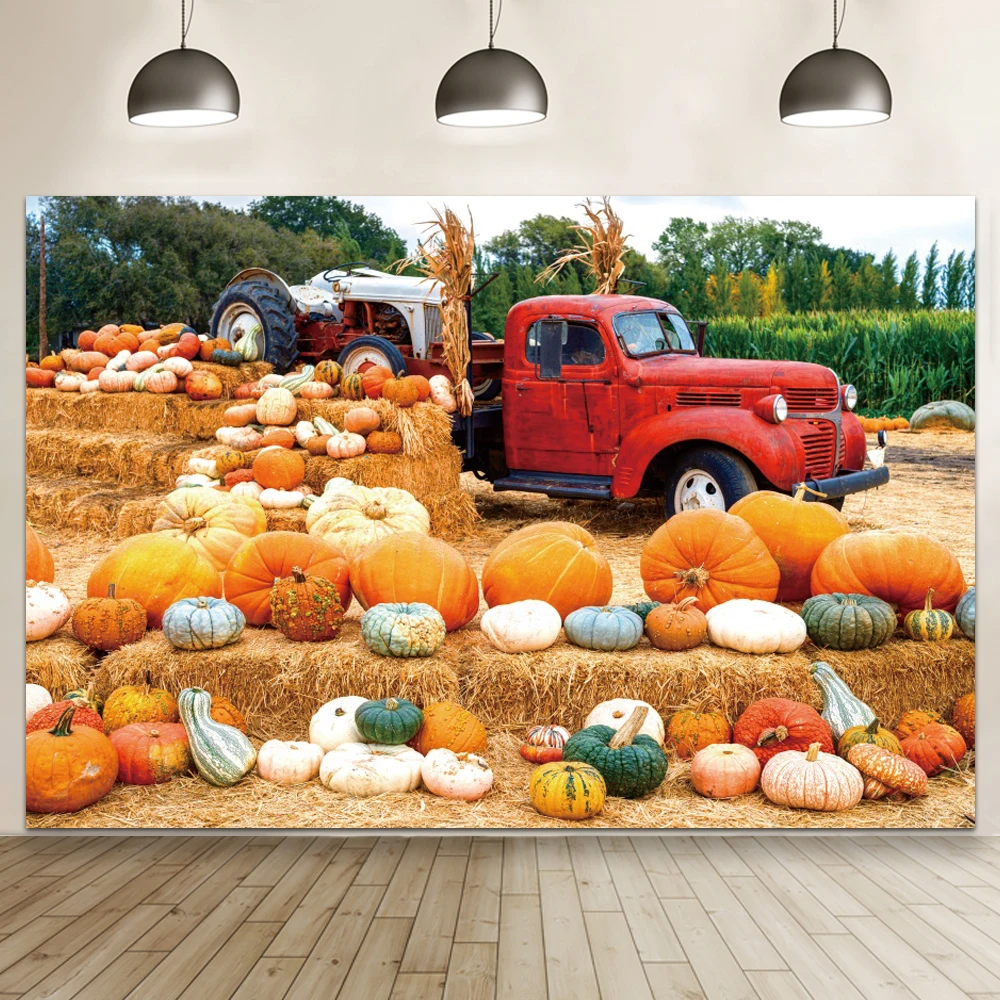 Autumn Harvest Pumpkin Farm Background Fruits Vegetable Straw Wooden Board Baby Halloween Eve Pumpkin Decoration Backdrop Banner