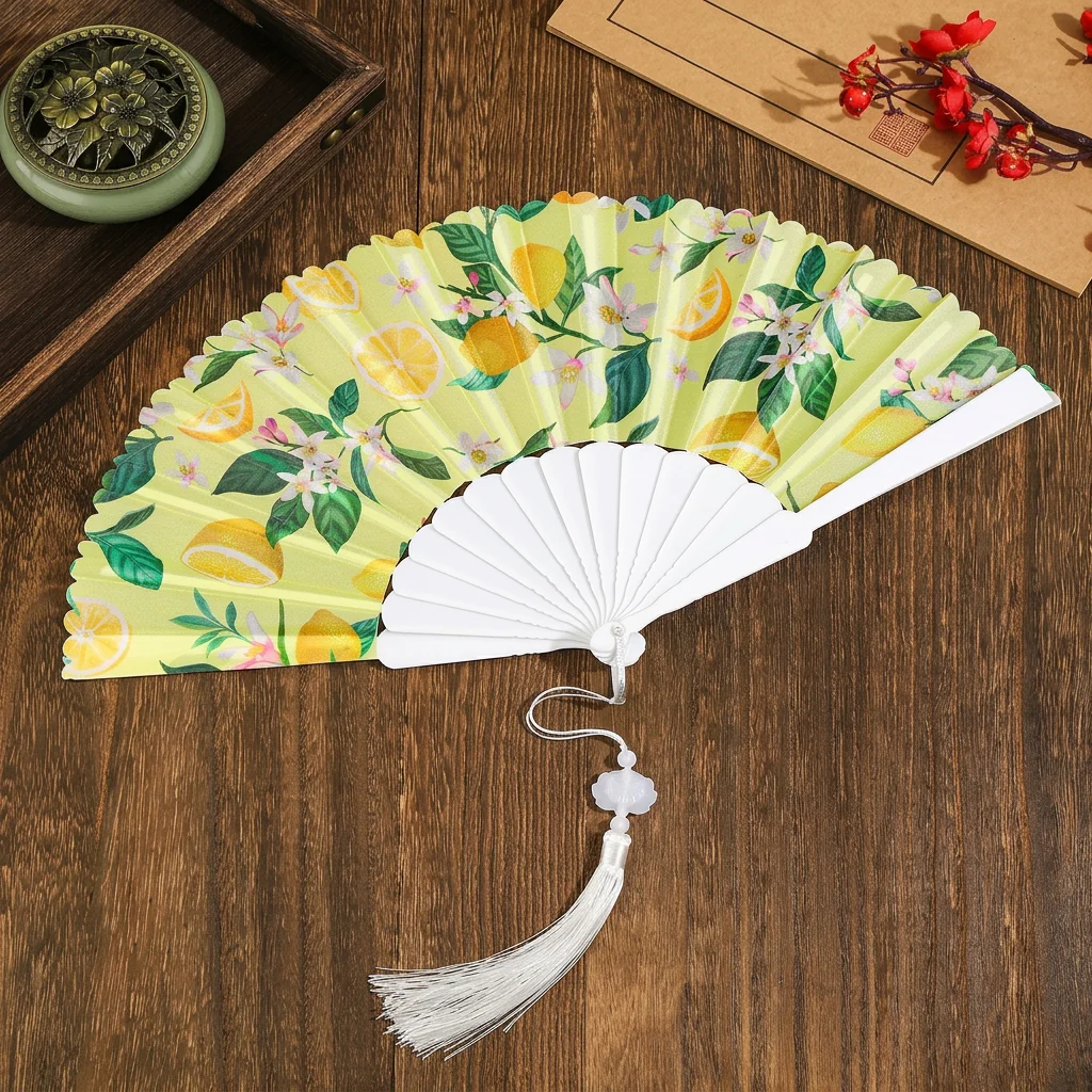Summer Folding Hand Fan Fruit Pattern Cherry Lemon Portable Plastic Frame Fabric Tassel Fans Cooling Handheld Fan Home Women