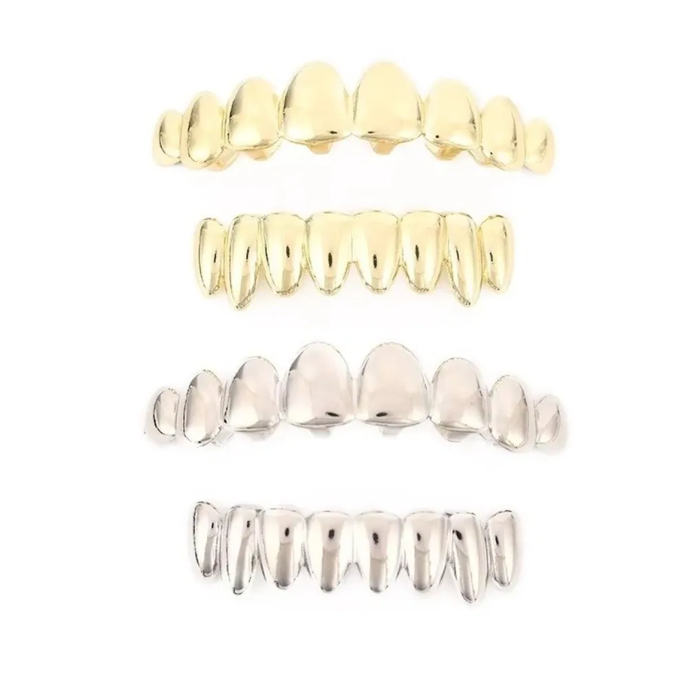 Glossy Finish Teeth Grillz Top Bottom Set Anti Slip Eco-friendly Copper Teeth Grillz Caps Gold Silver Teeth Jewelry Events