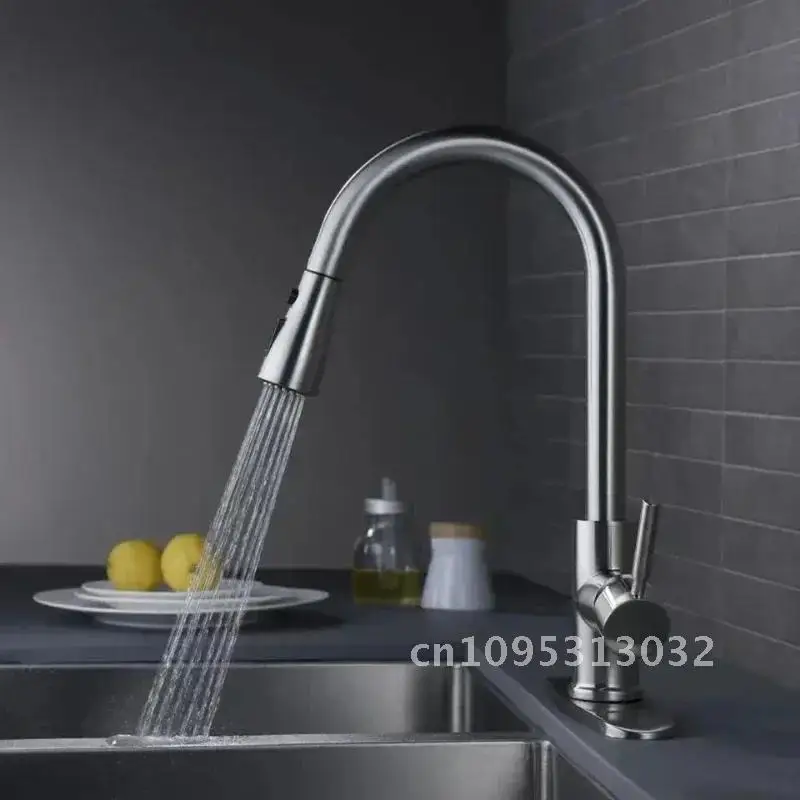 Kitchen Faucet Hot and Cold Rotatable 304 Stainless Steel Retractable Baseplate with Piping Pull-out Vegetable Basin Sink Faucet