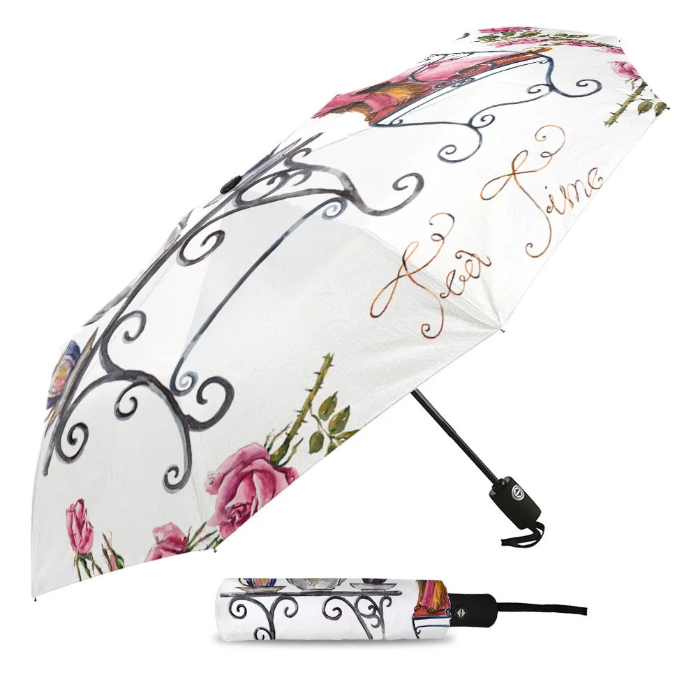 Dog Pink Rose Automatic Umbrella Men Women Rain Windproof Outdoor Travel Sun Three Folding Umbrellas 8 Ribs Gift Parasol