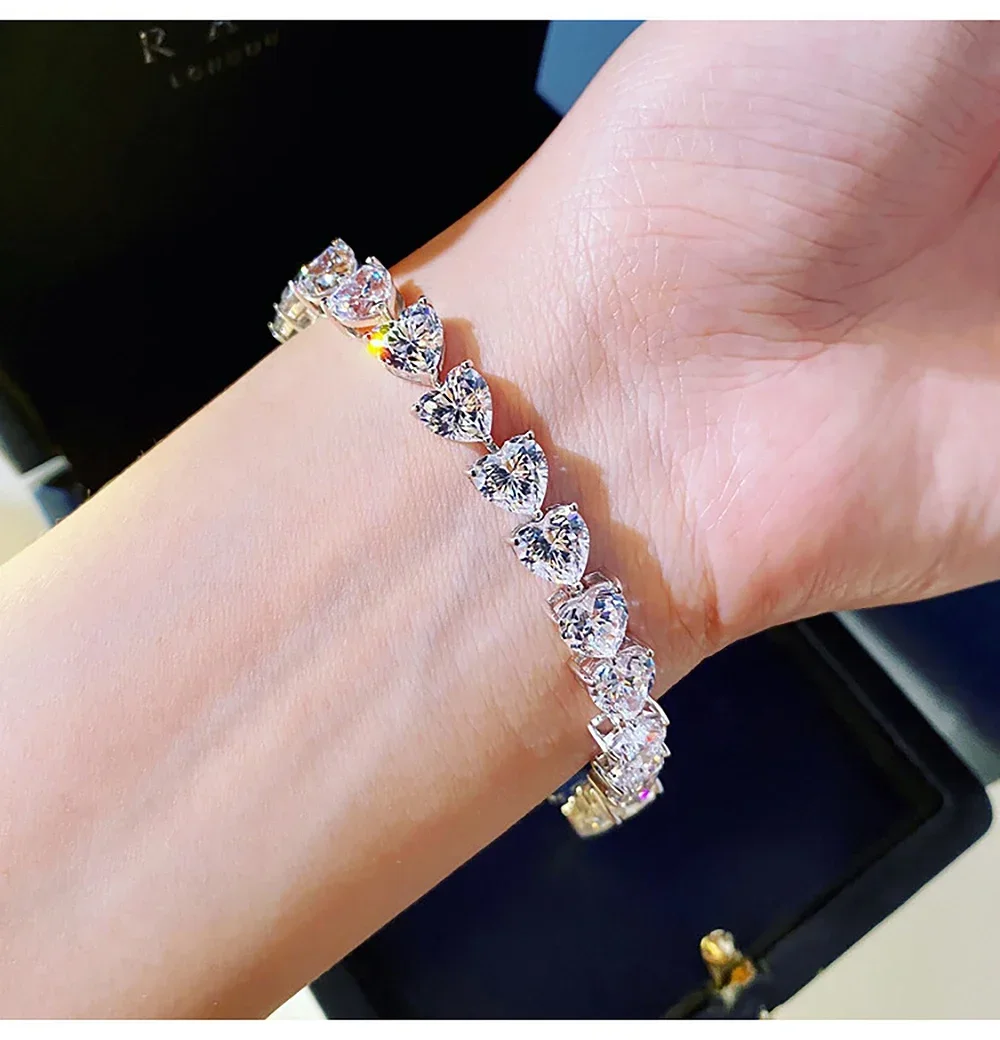 Heart Shape Moissanite Tennis Bracelets with Certificates 925 Sterling Silver Sparkling Diamond Bangle Fine Jewelry for Women
