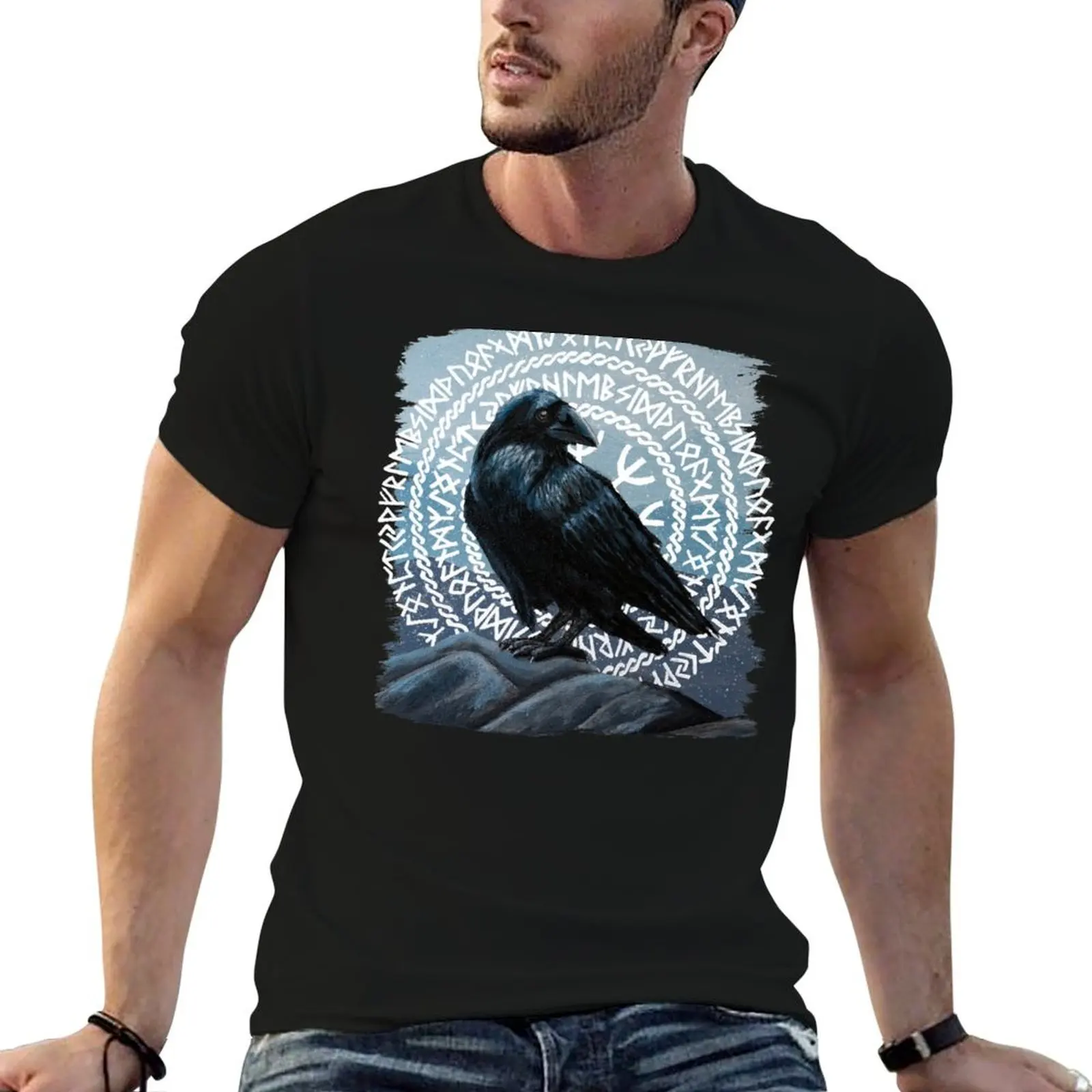 Raven in rune circle at twilight painting T-Shirt street wear funny costumes t shirt for men