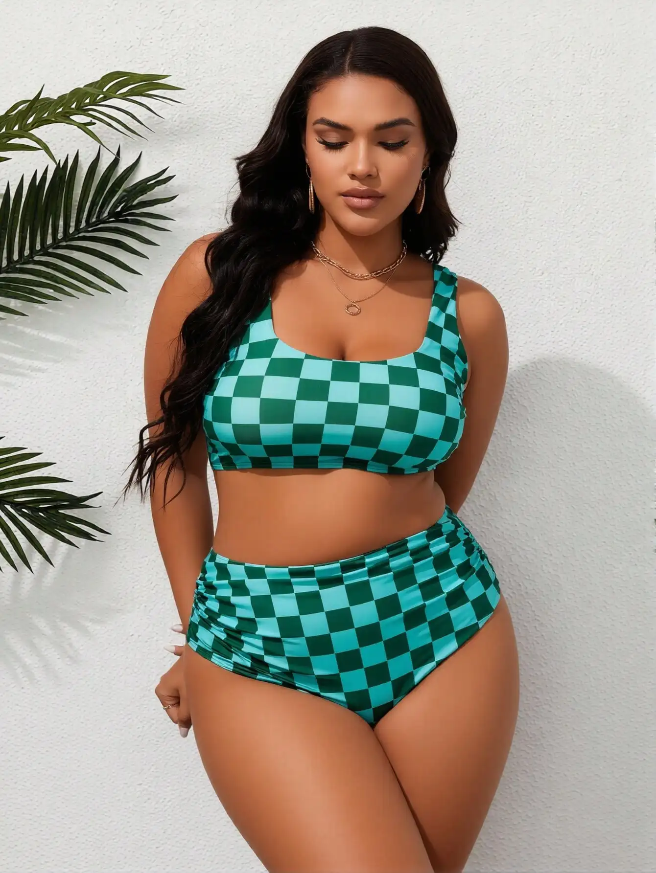2026 New Women's Plus Size Bikini: Green Checkerboard Crew Neck Bra Top With High-Waisted Bottoms
