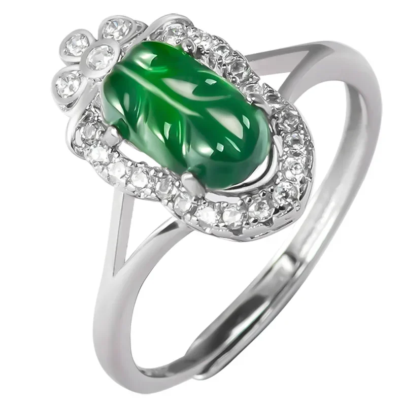 

Burmese Jade Leaf Rings Fashion Natural Emerald Jadeite Designer Gemstone Green Real Gifts Jewelry 925 Silver Gift Women Luxury