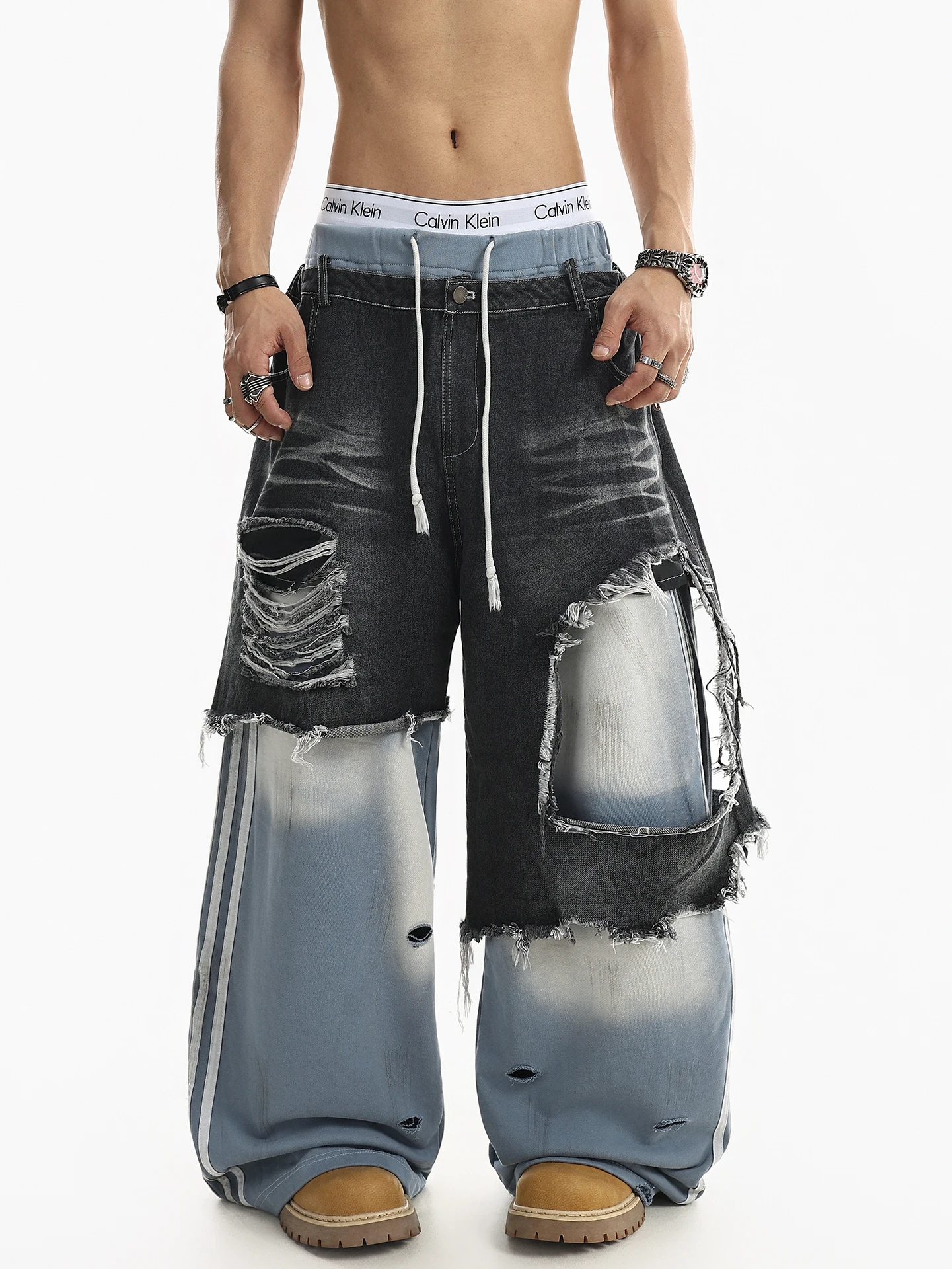 

Washed American Style Men's Jeans High Waist Wide Leg Striped Double Waist Head Spring Fashion Loose Long Pants