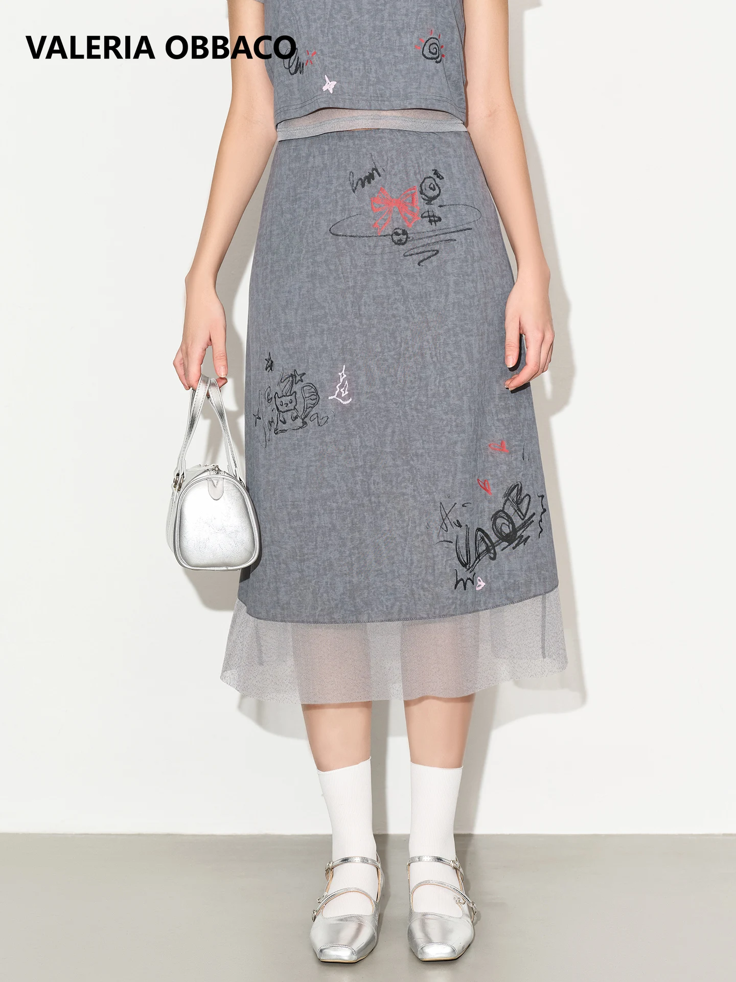 Falda Midi de Mujer Valeria Obbaco 2026, Diseño Graffiti Gris, Cintura Alta, con Malla, Estilo A-Line, Recta