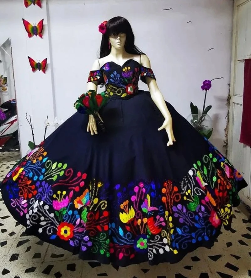 Vestidos de Quinceañera de princesa negra, vestido de baile sin hombros, bordado dulce, 16 vestidos, 15 Años, mexicano