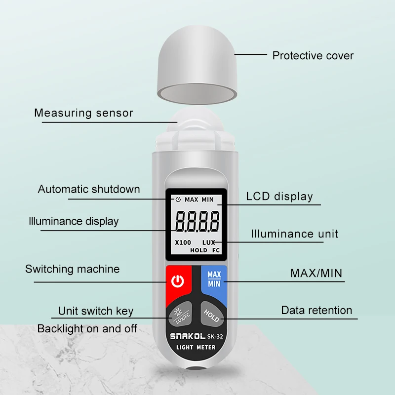 SK32 Lux meter 0~200,000lux Portable Range light meter pocket design High precision illuminometer lux/fc photometer tester