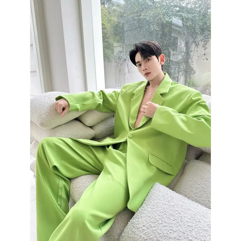 

Faionable Casual Men's Suit Set with oulder Pads Single Button Westwear Pants Youth ular Spring Autumn Wear