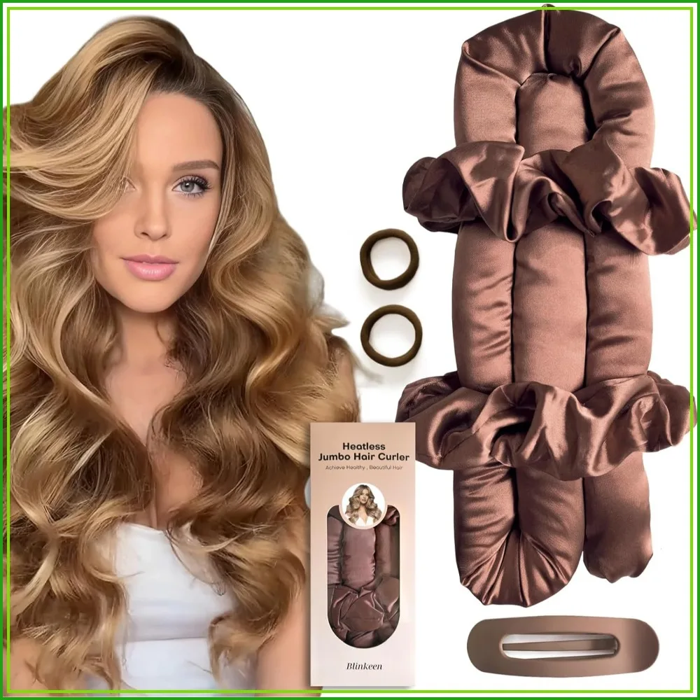 

Jumbo Heatless Hair Curler Set - Satin Overnight Curls, No Heat Curling Rod Headband, Brown