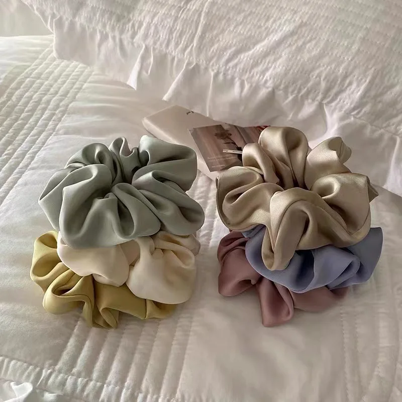 Korea Big Silk Scrunchies For Women Elastic Satin Hair Tie Girls black hair rope green hairbands chouchou soie hair accessories