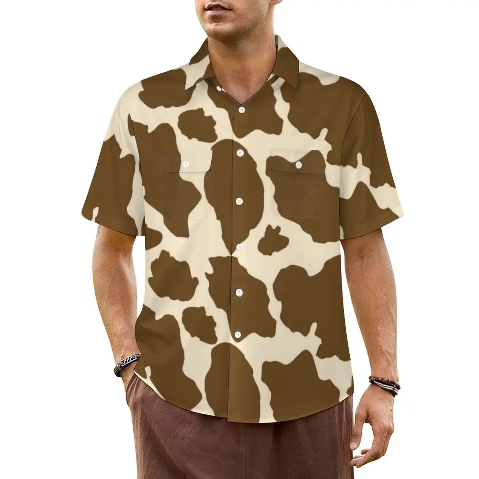 

Animal Cow Print Hawaiian Shirt For Man Vacation Brown Spots Casual Shirts Short Sleeve Breathable Elegant Oversized Blouses