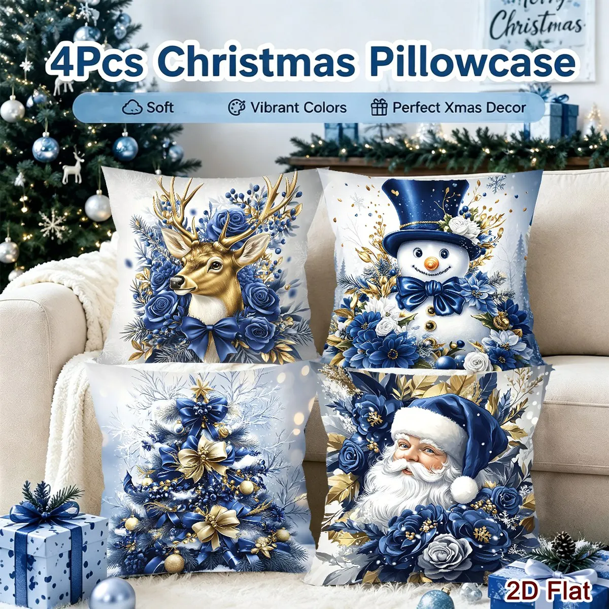 4pcs Christmas Cushion Cover Winter Wonderland Decorative Throw Pillow Case Festive Gifts Winter Holiday Party Decor No Insert