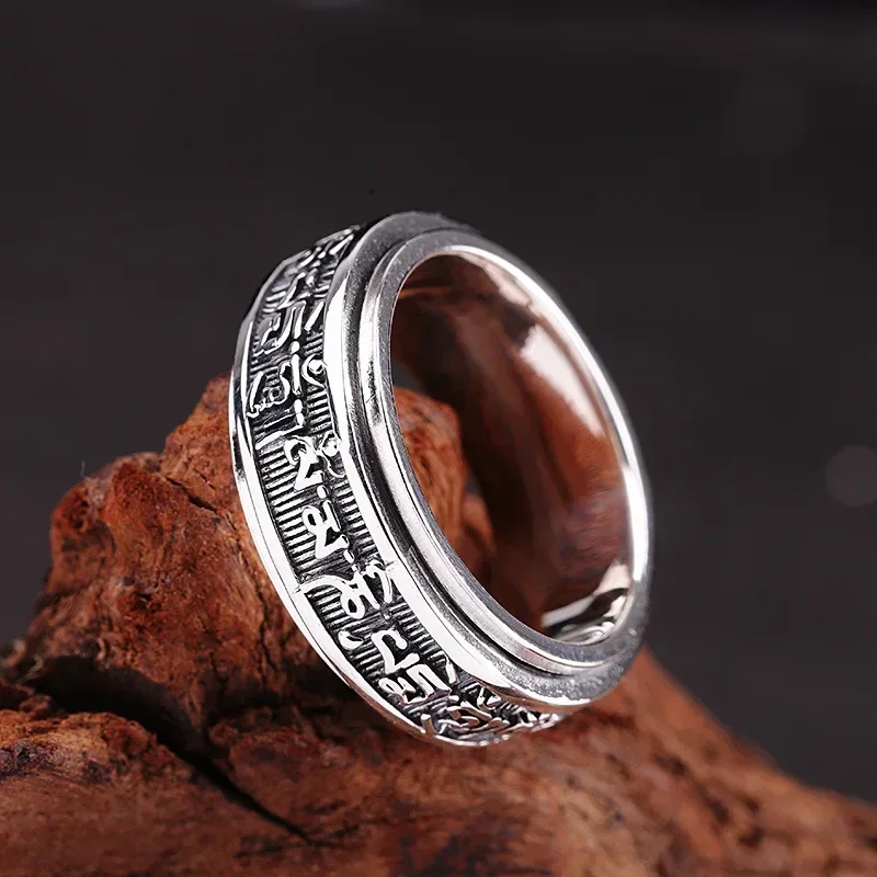 

High Grade 925 Sterling Silver Ring For Men Jewelry Retro Buddhist Scriptures Ring Male Amulet Accessories Double Layer Bijou