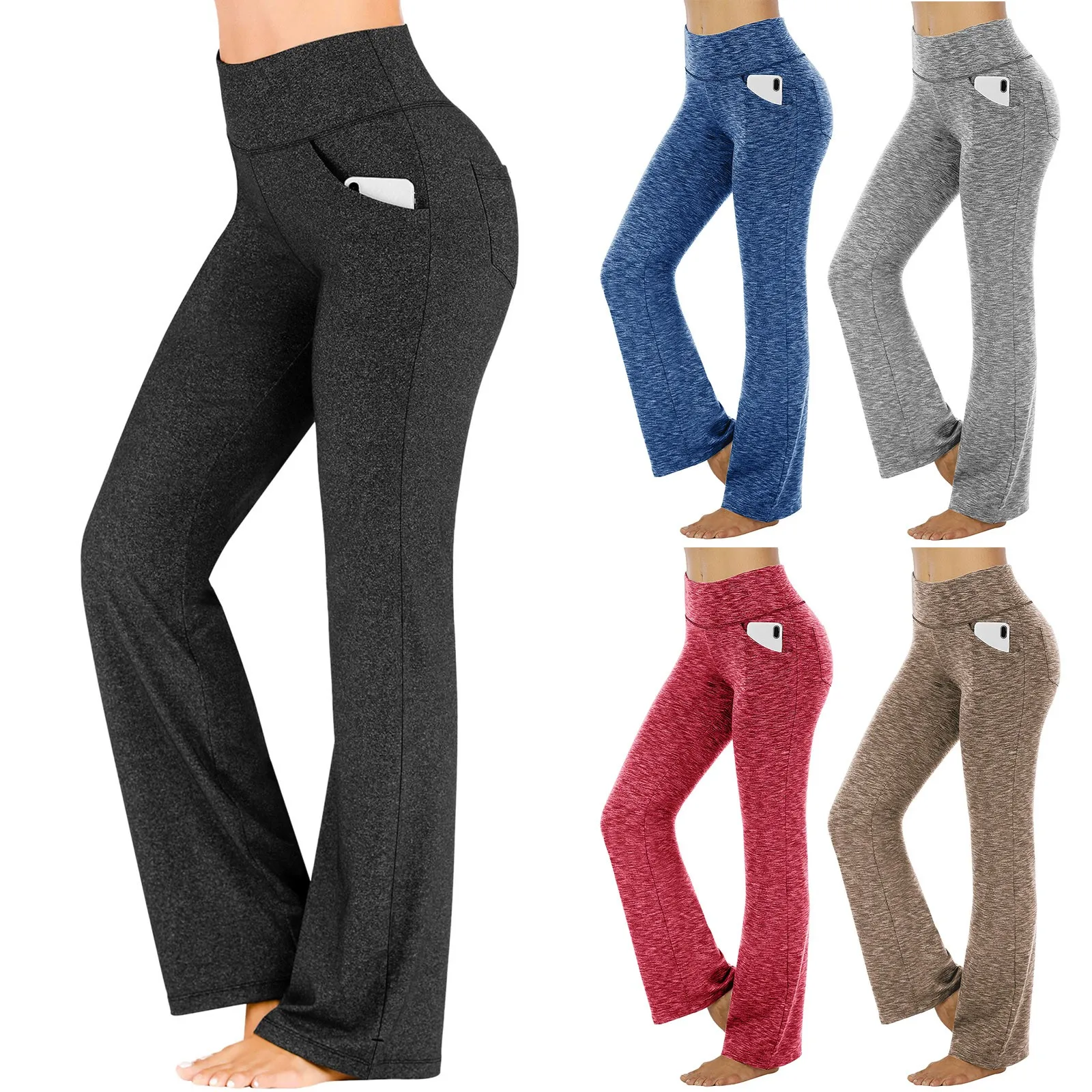 

Womens Flared Pants Skinny Yoga Pants Pockets High Waist Workout Pants Vintage Casual Trousers Sports Fitness Bell Bottom Basic