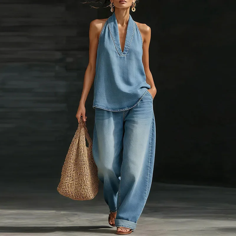 

Summer Casual Hollow Out Two Piece Temperament Halter Sleeveless Denim Vest&Pants Sets Fashion Backless Women's Commute Outfits