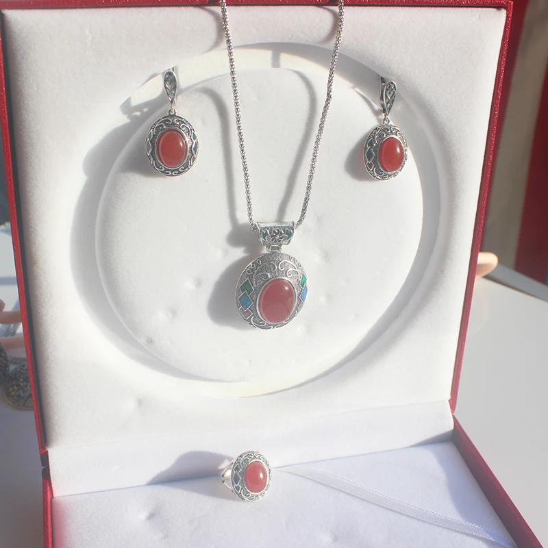 Ajojewel Vintage Ethnic Jewelry Set With Red Stone Cloisonne Enamel Earrings Round Pendant Necklace Ring 7 8 9 Luxury Gifts 2024