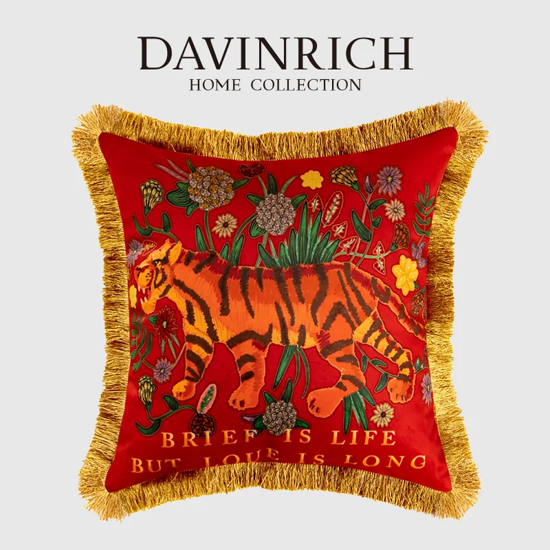 DAVINRICH Victorian Style Cushion Covers Retro Red Lush Velvet Sofa Pillow Case Walk Tiger Print Pillowcase Valentine's Day Gift