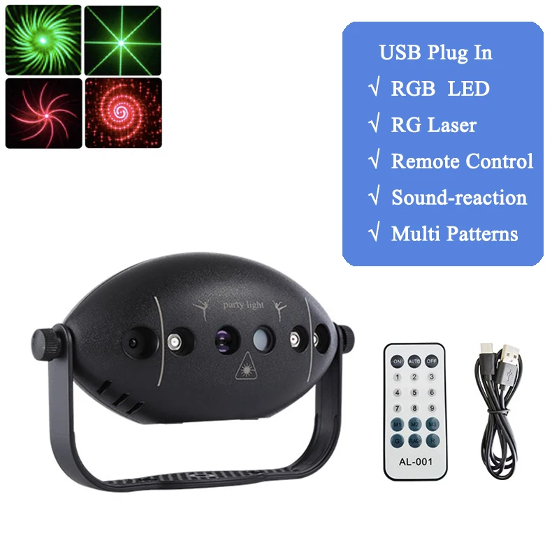 DJ Disco Light Red Green Laser Mini Projector RGB LED Starry Lazer Home Party Light USB Plug Sound Remote Control Christmas Lamp